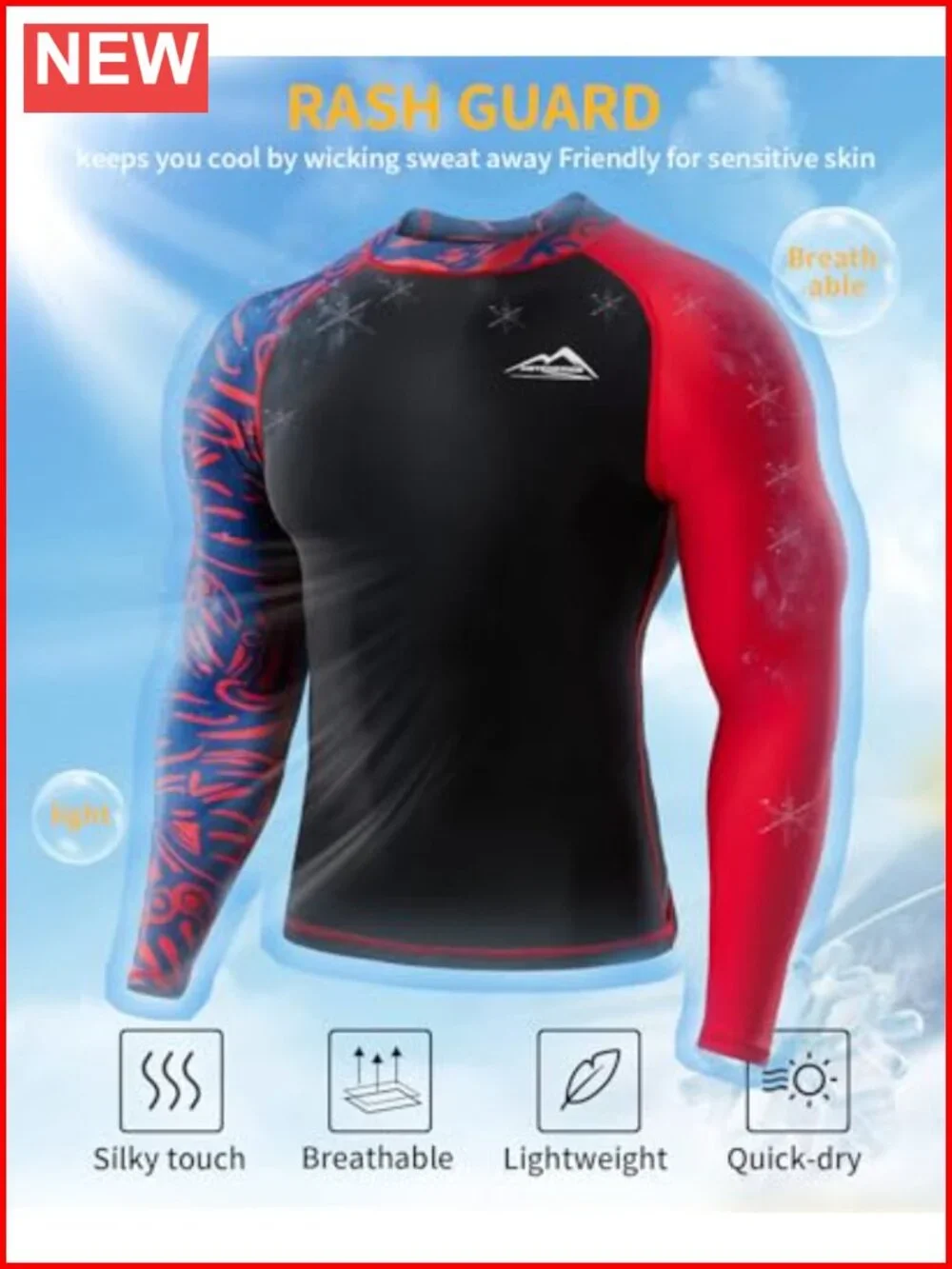 Men's Long Sleeve UPF 50+ Rash Guard Compression Performance Athletic Shirt